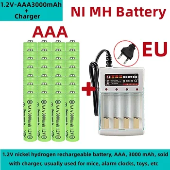 1,2V nikelio vandenilio įkraunama baterija, AAA, 3000 mAh, parduodama su įkrovikliu, dažniausiai naudojama pelėms, žadintuvams, žaislams ir kt