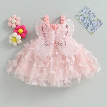2023-05-29 Lioraitiin naujagimis kūdikis mergaitė madinga vasaros suknelė 3D drugelis Ruched berankovė sluoksniuota Cami Princess suknelė