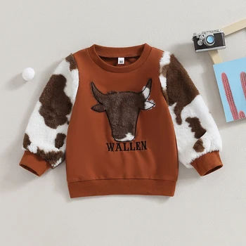 2023-07-19 Lioraitiin Toddler Boy Western Clothes Cow Print Swetashirt Ilgomis rankovėmis megztinio viršus Furry Sleeve Top Kid Fall apranga