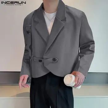 2023 Fashion Men Blazer Solid Color Lapel Long Sleeve Button Streetwear Casual Suits Korean Style Male Crop Copals S-5XL INCERUN