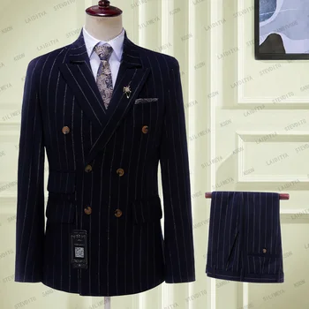 2023 tamsiai mėlynos juostelės vyriški kostiumai dvivietis švarkas Naujausias palto kelnių dizainas Slim Fit 2 dalių smokingai Pagal užsakymą pagamintas jaunikis