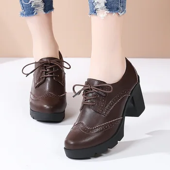 2023 Vintage Lace Up Women Pumps Cut Out Oxford Shoes Chunky Heel Genuine Leather High Heels Lady British Style Ankle Boots