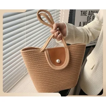2024 New Pearl High Capacity Tote Cotton Rope Woven Handbag Shoulder Women's Bag сумка sacs porté épaule