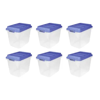 32 Qt. Skaidri plastikinė daiktadėžė su mėlynu HI-Rise dangčiu permatoma laikymo dėžutė, 6 pakuotės