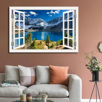 3D langas Peizažas Plakatas Ežero ir kalnų peizažas Tapyba Drobės atspaudai Sienų menas Paveikslų freskos svetainės namų dekorui