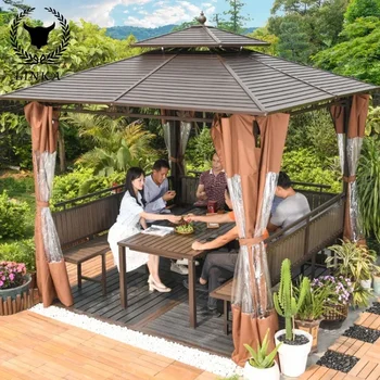 4x4m stalai kėdės aliuminio lydinio antikorozinis medis kiemo išplanavimas, moderni terasa, skėtis nuo saulės, paviljonas, lauko vila