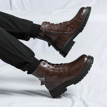 Aukštos kokybės natūralios odos batai vyrams Patogūs vandeniui atsparūs darbo batai Vyriški laisvalaikio platformos batai su užtrauktuku Botas Hombre