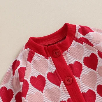 Baby Girl Valentino dienos romperis Laisvalaikio ilgų rankovių mygtukas žemyn Širdies atspaudas Kombinezonas Megztinis Smėlinukas
