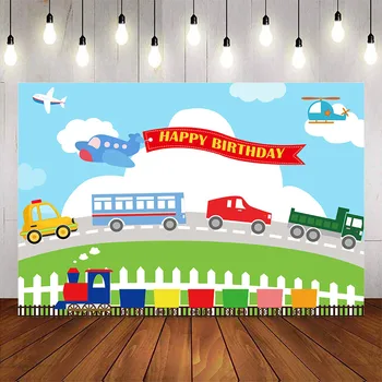 berniukų automobilio fonas laimingas brithday vakarėlio fonas Lėktuvas Laivas Traukinys Autobusas Transportas gimtadienis Teminis vakarėlio dekoravimo rekvizitas