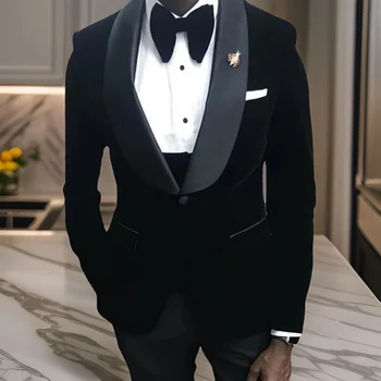 Black Wedding Tuxedo for Men Slim Fit African Men Suits Custom 3 Vnt Aksominė rūkomoji striukė Fashion Blazer Liemenė su kelnėmis