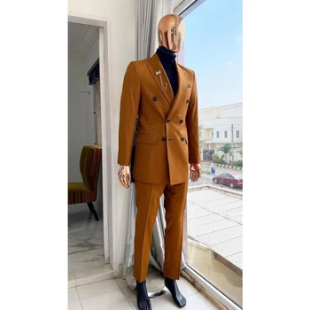 Burnt Orange Double Breasted Peaked Lapel Vyriški kostiumai Slim Fit Blue Prom kostiumas Homme smokingai 2 dalių komplektas (švarkas+kelnės)
