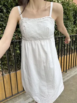 Casual Women Soft Cotton White Nėrinių krašto suknelė 2023 m. vasaros vintažinė berankovė vientisos spalvos moteriška apačia prašmatni