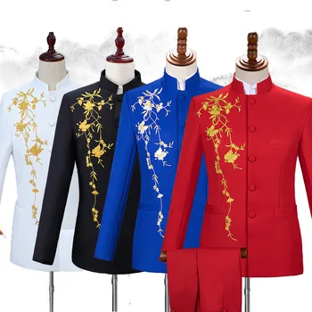 Chinoiserie Style Men Stand Collar siuvinėjimo kostiumas 2 gabalai Juoda / Balta / Raudona Mada Vyrų scenos vakarėlis Atlikite švarką ir kelnaites