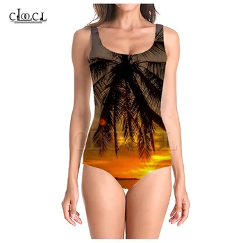 CLOOCL Smėlio paplūdimio moterys Augalų palmė Vientisas 3D spausdinimas Moterys Seksualūs maudymosi kostiumėliai be rankovių Vasaros ponios Paplūdimio maudymosi kostiumėliai