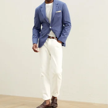 Custom Siuvėjo pagaminti vyriški pagal užsakymą pagaminti kostiumai Verslo oficialūs vestuviniai drabužiai Striukė Šviesiai mėlyna medvilnė Pavasario vasaros laisvalaikio dirbiniai