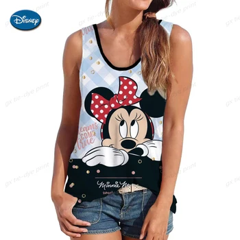 Disney Minnie Mickey Mouse Print Tank Top Moterys be rankovių Harajuku Fitness Femme Summer Loose Casual Liemenės viršūnės Mujer drabužiai