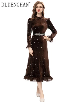 DLDENGHAN pavasarinė aksominė suknelė Moterys O-Neck ilgomis rankovėmis Deimantai Krištolo diržas Vintažinės suknelės Mados dizaineris Naujas