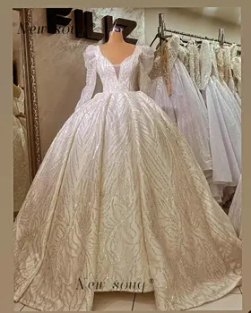 Dubajaus blizgučiai ilgomis rankovėmis balinė suknelė Vestuvinės suknelės moterims Nuotakos V kaklo pūstos klostės Princesės nuotakos suknelės Pagal užsakymą pagamintos 2023