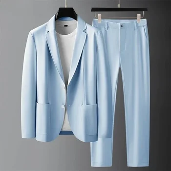 Fashion British Boutique vyriškų kostiumų verslas Laisvalaikio vientisos spalvos mėlyna 2 dalių rinkinys Vestuvių jaunikių suknelių vakarėlis (Blazer+ kelnės)