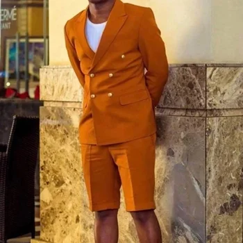 Fashion Orange Summer Vyriški kostiumai plonas Blazer Kelnės Jaunikis Dvivietė Vakarienė Vakarėlis Dėvėti vestuves 2Pieces(Švarkas+Trumpos kelnės)