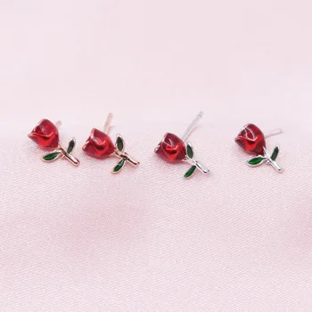 Fashion Women Romantic Red Rose Stud Earring Exquisite Rose Gold Plated Body Penetration Earring Charm Women Cocktail Jewelry