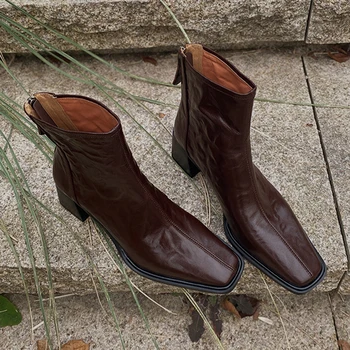 Heihaian odiniai batai Ruduo/Žiema 2023 Nauji retro stiliaus pagrindiniai priemiestiniai aulinukai Čiurnos kvadratiniai užtrauktukai Rudi batai moterims