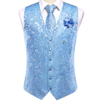 Hi-Tie Šilkinės vyriškos liemenės Šviesiai mėlynos baltos Paisley liemenės kaklaraištis Hanky rankogalių segtukų sagės komplektas vyrams Kostiumas vestuvių vakarėlio dizaineris
