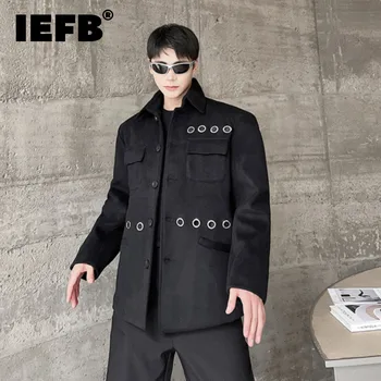 IEFB Tamsiai juodas vyriškas kostiumas Korėjietiško stiliaus metalo apdaila Vilnoniai atlapai Švarkai Trend Casual Autumn Loose Vyriškos striukės 9C3043