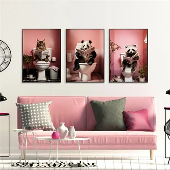 Juokingas gyvūnų šuo Katė Panda Vonios kambarys Drobė Sienų menas Plakatas Animacinis filmas Šiuolaikinė sienų tapyba Paveikslėlis miegamojo svetainės dekorui