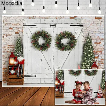 Kalėdų žiemos fotografija Fonai Vintažinės medinės durys Raudonų baltų plytų sienų dekoracijos Fotosesija Fono fotostudija