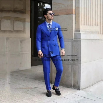 Karališki mėlyni kostiumai vyrams Dvivietis verslo švarkas Slim Fit Vestuvių jaunikis Smokingas 2 dalių švarko kelnės Terno Masculino