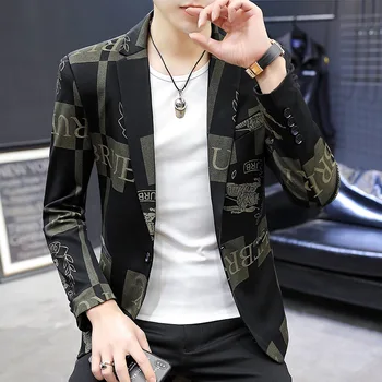 M-5XL Fashion Casual Vyrai Blazer Korėjietiško stiliaus spausdinimo verslo mados kostiumas Švarkas Daily Party Tamsiai pilkas juodas paltas Viršus