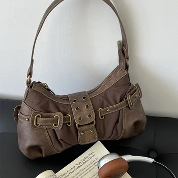MBTI Vintažinis plisuotas moteriškas pečių krepšys Ruda mados pleistrinė rankinė Casual New Advanced Designer Elegantiškas moteriškas pažastų krepšys