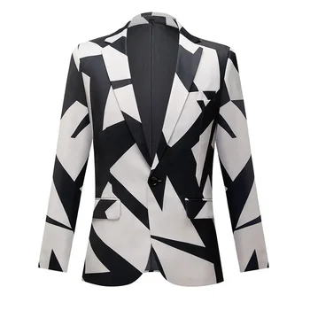 Mens Fashion Black White Print Slim Fit Blazer paltas 2023 Prekės ženklas Notch Lapel Stilingas kostiumas Švarkas Vyrų vakarėlis Scenos dainininkų kostiumas