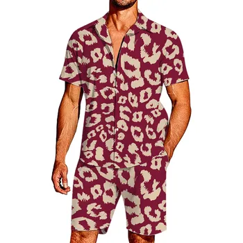Mens Summer Fashion Leisure Leopard Hawaii Seaside Holiday Beach Digital 3D Printing Vyriškų striukių ir kelnių komplektas trumpomis rankovėmis