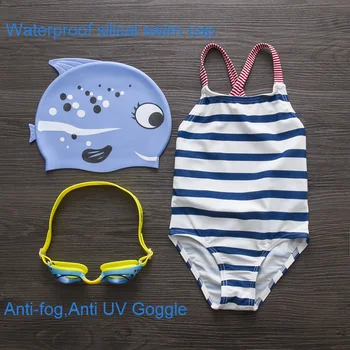 Mergaičių maudymosi kostiumėliai Mieli vaikiški maudymosi kostiumėliai su plaukimo kepuraite Plaukimo akiniai Baby Girl maudymosi kostiumas One Pieces Swim Wear For Children