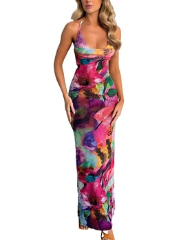 Moterys s Summer Long Cami suknelė Kaklaraiščio-dažų spausdinimas Cowl-Neck Backless Beach Slim Long Dress