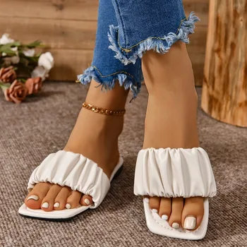 Moterų vasaros naujų raukšlių dizaineris Madingi plokšti batai Lauke Laisvalaikio vaikščiojimas Moteriškos basutės Atviros pirštų paplūdimio šlepetės Zapatos