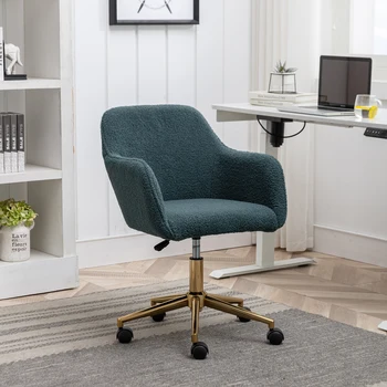 Nauja meškiuko medžiaga Reguliuojamo aukščio pasukama namų biuro kėdė vidaus biurui su auksinėmis kojomis, žalia