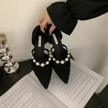 NAUJI batai moterims su kulniukais Smailiojo piršto avalynė Pavasario laisvalaikio moterų mados perlų siurbliai Elegantiški moteriški aukštakulniai Batai