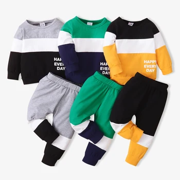 PatPat 2vnt Baby Boy 95% medvilnė ilgomis rankovėmis Letter Print Colorblock džemperių ir kelnių komplektas