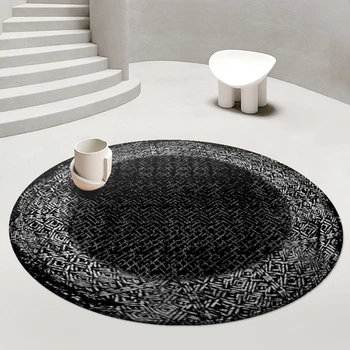 Postmodernus apskritas kilimas juodas minimalistinis miegamasis