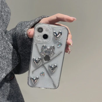 Prabangus 3D sidabro meilės širdies blizgučių telefono dėklas, skirtas iPhone 14 13 11 12 Pro Max X XR 7 8 Plus Dengimo grandinė Blizgus skaidrus minkštas dangtelis