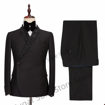 Prabangūs vyriški kostiumai Black Slim Fit Shawl Lapel Band Drill Groom Tuxedos 2 Pieces Sets Formal Male Blazer Terno Masculinos Completo
