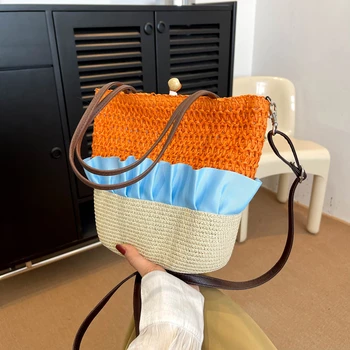 Rankų darbo austų šiaudų krepšys moterims 2023 m. Naujos mados vasaros rankinė Kelioninis krepšys Paprastas mados paplūdimio krepšys per petį Lady Small Tote