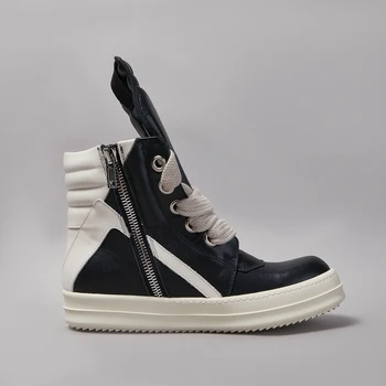 Ricks Casual Vyriški batai Aukštos kokybės Owens moteriški sportbačiai Jumbo Lace Up Ankle Boot Geobasket Black Leather Zip Flat Luxury Shoe