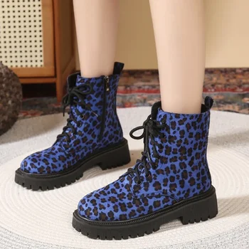 Rudens žiemos aukštakulniai moteriški batai 2023 Nauji violetiniai leopardo rašto moteriški batai Gatvės mados laisvalaikio suvarstomi motociklo batai