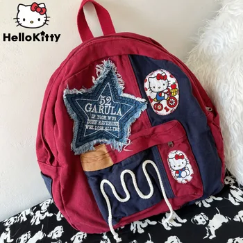 Sanrio Hello Kitty Vintage Star Patchwork Drobės kuprinės moterims Y2k estetinis didelės talpos sujungtas animacinių filmų studentų krepšiai
