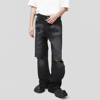 SYUHGFA Korėjietiško stiliaus tendencija Vyriškos džinsų mados dėvėtos oout baggy džinsinės kelnės Vintažinės išskalbtos skylės plačios kojos džinsinės kelnės Ruduo