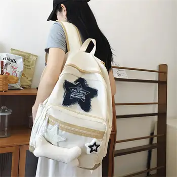 Vintage Fashion Denim Letter Star kuprinės Sweet Casual Korean Schoolbag Y2k Estetinis kontrastas Spalva All Match Backpack Women